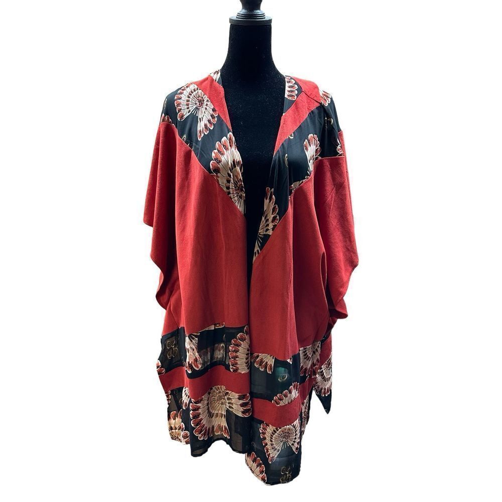 Chicos Faux Suede and Chiffon Ploy One Front Kimono Russet Red Orange Paprika Si